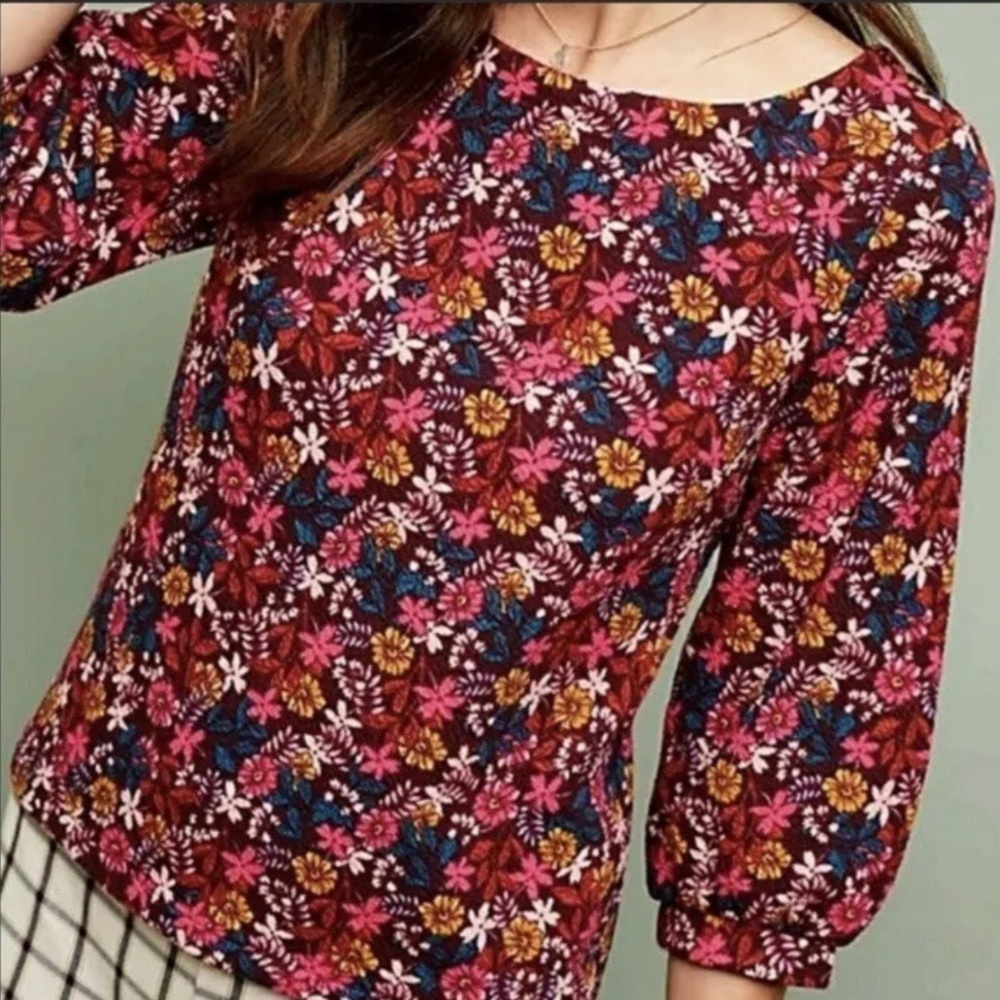 ANTHRO MAEVE Colorful Boho Floral Decatur Balloon Sleeve Top Blouse